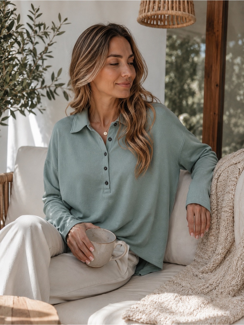 Madewell Sage Green Knit Collared Henley Top L Soft Stretch Long Sleeve